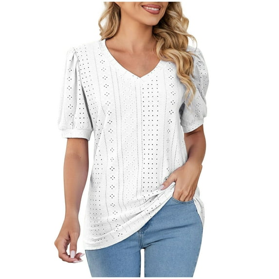 BLVB Cute Tops for Women Summer Short Sleeve T Shirts Solid Color Hollow out V Neck Blouses Casual Tunics