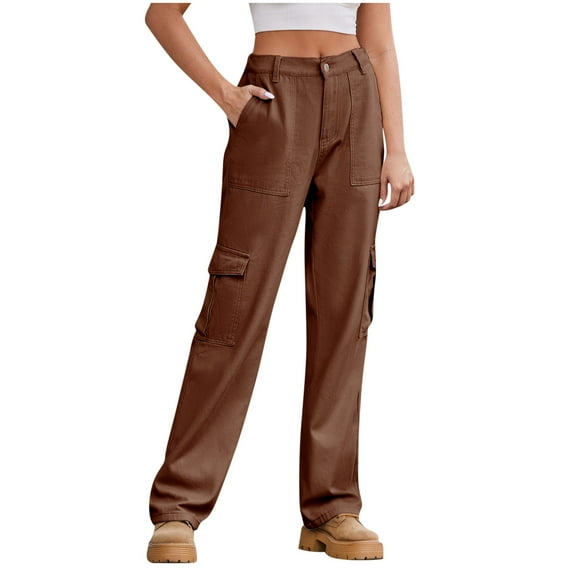 BLVB Denim Cargo Pants for Women High Waisted Straight Leg Pants Casual Baggy Girls Streetwear Trousers with Pockets