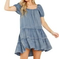 thumbnail image 1 of BLVB Denim Dress for Women Square Collar Short Sleeve Babydoll Ruffle Tiered Dress Casual Loose Fit Swing Summer Mini Dress, 1 of 8
