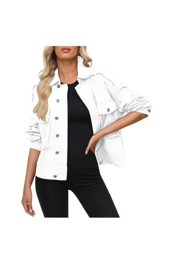 Denim Jacket for Women Long Sleeve Pockets Button down Jean Coat Stretch Denim Jacket Fall