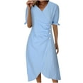 thumbnail image 1 of BLVB Dresses for Women Casual Spring Summer Trendy Wrap V Neck Short Sleeve Cotton Linen Dress Ruched Work Dress, 1 of 6