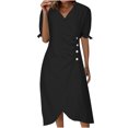 thumbnail image 1 of BLVB Dresses for Women 2025 Casual Spring Summer Trendy Wrap V Neck Short Sleeve Cotton Linen Dress Ruched Work Dress, 1 of 7