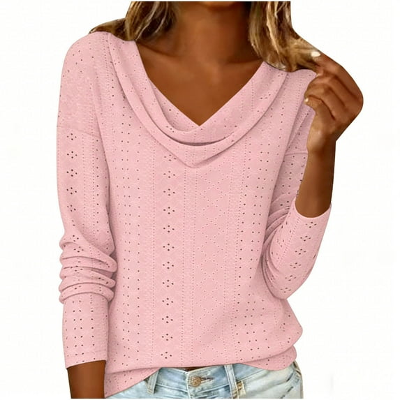 BLVB Eyelet Tops for Women Draped Cowl Neck Blouses Long Sleeve Dressy Casual Shirts Spring Summer Fashion Clothes