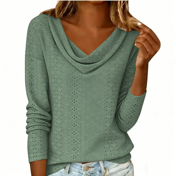 BLVB Eyelet Tops for Women Draped Cowl Neck Blouses Long Sleeve Dressy Casual Shirts Spring Summer Fashion Clothes