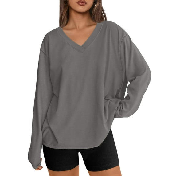 BLVB Fall Shirts for Women Oversized Long Sleeve V Neck T Shirts Solid Color Dressy Casual Loose Tops Blouses