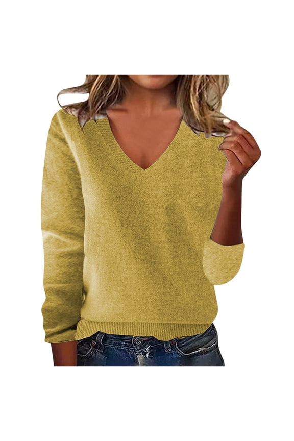 Fall Sweater for Women Trendy V Neck Long Sleeve Knitted Cozy Pullover Tops Lightweight Soft Comfy Warm Sweater