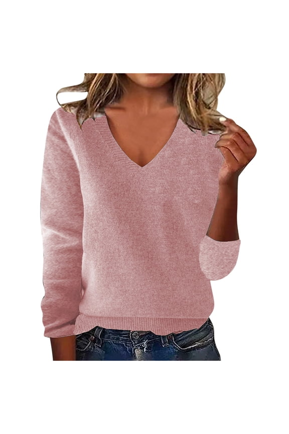 Fall Sweater for Women Trendy V Neck Long Sleeve Knitted Cozy Pullover Tops Lightweight Soft Comfy Warm Sweater