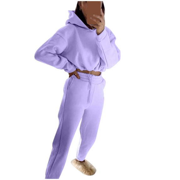 BLVB Fall Sweatsuits Sets for Women Solid Color Long Sleeve Crop Hoodies Pullover Jogger Pants Loungewear Tracksuits