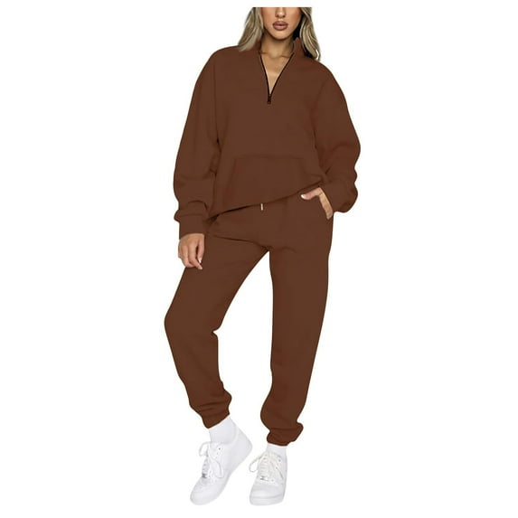 BLVB Fall Tracksuits 2 Piece Outfits for Women Long Sleeve Quarter Zip Sweatshirts Jogger Pants with Pockets Workout Sets