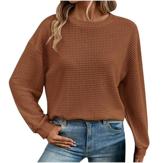 BLVB Fall Winter Tops for Women Crewneck Long Sleeve Shirts Casual Loose Solid Color Pullover Blouse