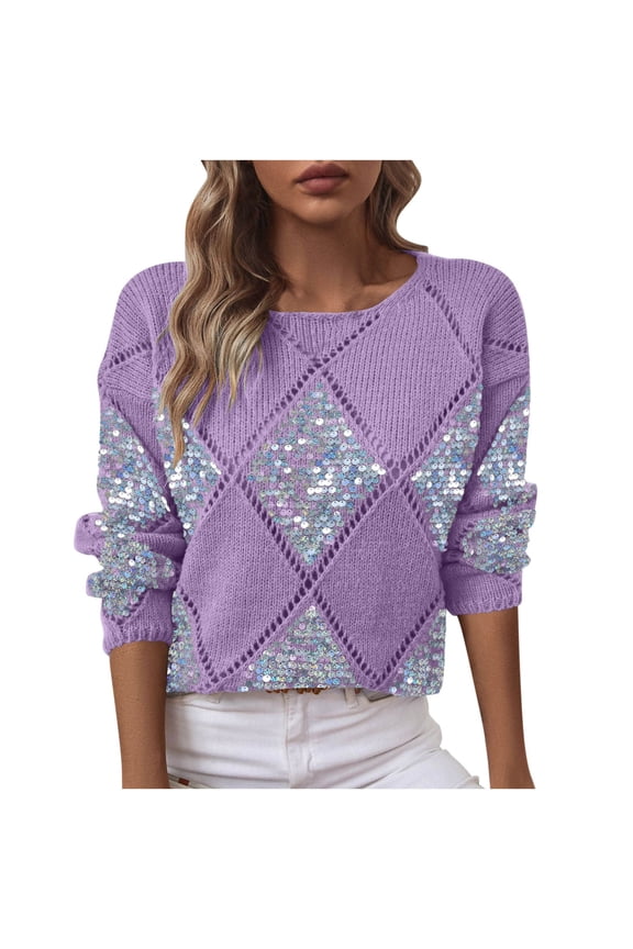 Fashion Sweaters for Women Long Sleeve Argyle Hollow out Sequin Pullover Crewneck Casual Lightweight Knit Top Spring Fall Clothes