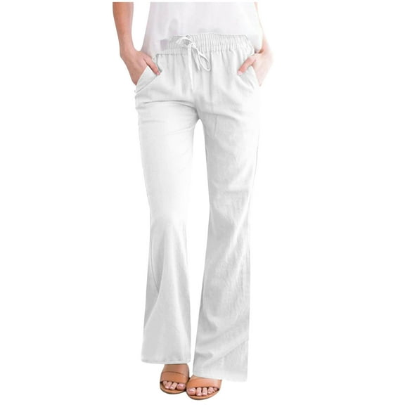 BLVB Flare Pants for Women Cotton Linen Casual Summer Bell Bottom Pants Loose Drawstring Elastic Waist Cropped Trouser