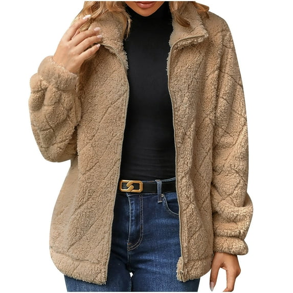 BLVB Fleece Jackets for Women Long Sleeve Zip Up Lapel Fleece Coats Jackets Fuzzy Cozy Winter Warm Outerwear