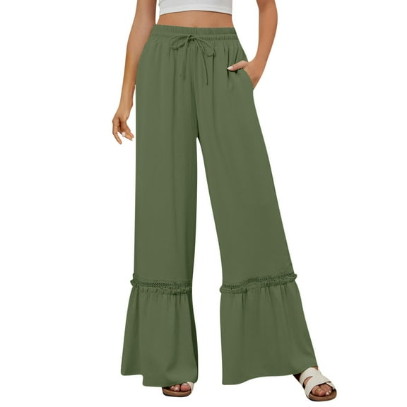 BLVB Flowy Pants for Women Summer Drawstring Waist Loose Boho Beach Pants Casual Baggy Wide Leg Trousers with Pockets
