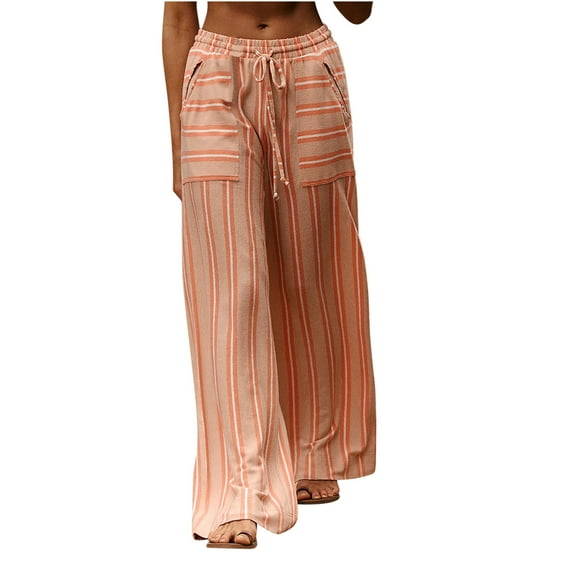 BLVB Flowy Pants for Women Casual Baggy Lightweight Palazzo Wide Leg Pants Striped Boho Beach Trousers with Pockets