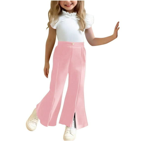 BLVB Girl 2 Piece Outfits Set Short Ruffle Sleeves Top Flared Pants with Front Split Spring Summer Clothes 2-8Y
