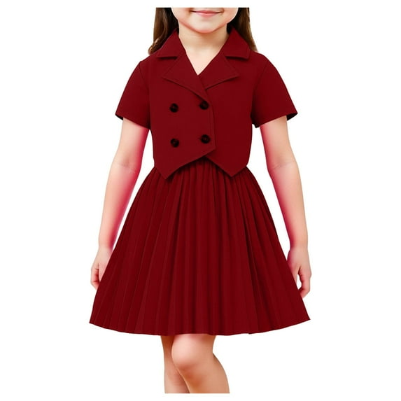 BLVB Girl's Clothing Set 2 Piece Outfits Short Sleeve Double Breasted Blazer Tops with Pleated Skirt Set for Party