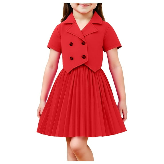 BLVB Girl's Clothing Set 2 Piece Outfits Short Sleeve Double Breasted Blazer Tops with Pleated Skirt Set for Party