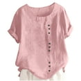 thumbnail image 1 of BLVB Girl's Cotton Linen Short Sleeve T Shirts Crewneck Loose Tunic Tops Casual Button Blouses Kids Summer Clothes, 1 of 2