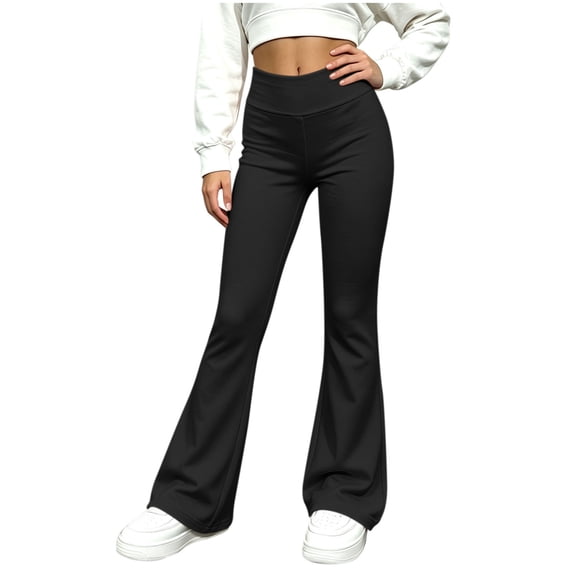 BLVB Girl's Flare Pants High Waisted Yoga Bootcut Pants Teen Kids Full Length Bell Bottoms Legging(Black,7-8 Years)