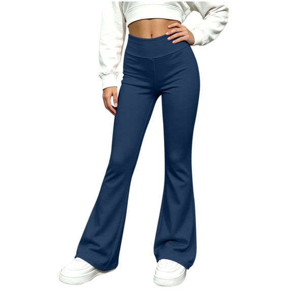 BLVB Girl's Flare Pants High Waisted Yoga Bootcut Pants Teen Kids Full Length Bell Bottoms Legging(Blue,7-8 Years)