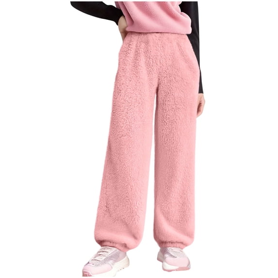 BLVB Girl's Fuzzy Pajama Pants Elastic Waist Fleece Plush Loungewear Baggy Joggers Pj Pants for Teens with Pockets