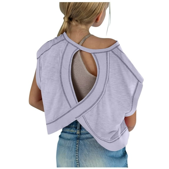 BLVB Girl's Short Sleeve T Shirts Crewneck Loose Fit Tunic Tops Open Back Tees Summer Casual Blouses Gym Activewear 4-14 Years