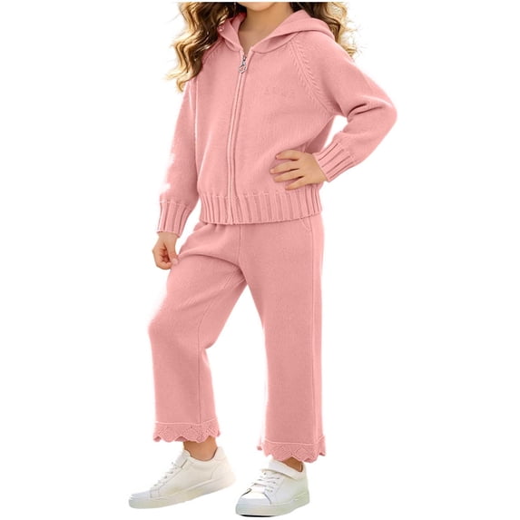 BLVB Girls 2 Piece Outfit Set Long Sleeve Zipper Knit Sweater Jacket and Lace Wide Leg Pants Lounge Sets Fall Winter Clothes for Toddler Kids(Pink,5-6 Years)