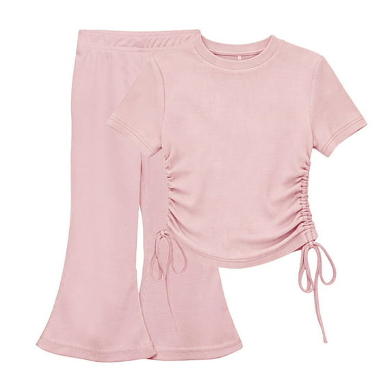 BLVB Girls 2 Piece Outfits Short Sleeve Ruched Drawstring Crewneck Tops and Flare Leg Pants Summer Clothing Sets