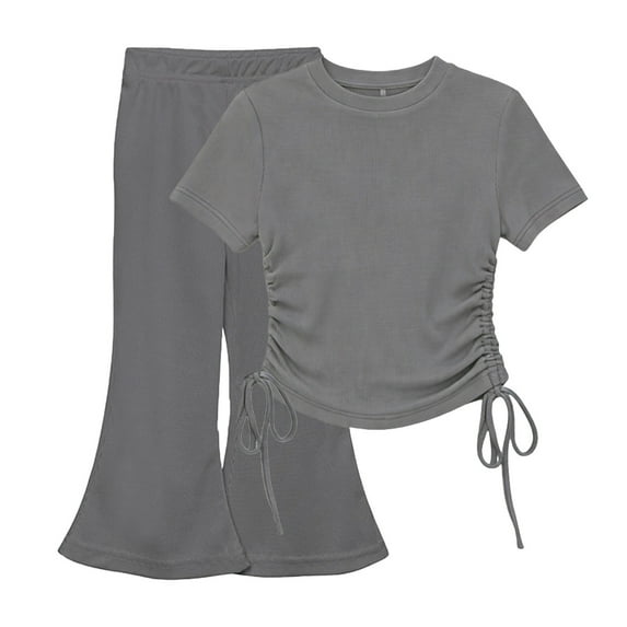 BLVB Girls 2 Piece Outfits Short Sleeve Ruched Drawstring Crewneck Tops and Flare Leg Pants Summer Clothing Sets