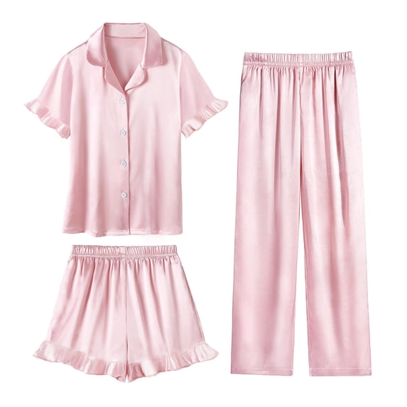 BLVB Girls 3 Pieces Pajamas Sets Silk Satin Ruffle Sleepwear Short Sleeve Button-Down 3PJs Lounge Sets Nightwear 5-14 Years(Pink AA2,11-12 Years)