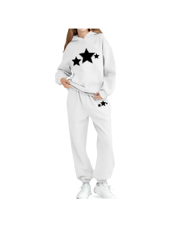 Girls Boys 2 Piece Tracksuit Sweatsuits Sets Star Print Hooded Sweatshirt and Jogger Sweatpants Clothing Sets for Toddler Kids