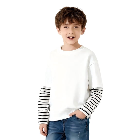 BLVB Girls Boys Shirts Casual Striped Patchwork Long Sleeve T Shirts Basic Kids Cotton Crewneck Tunic Blouses Tops