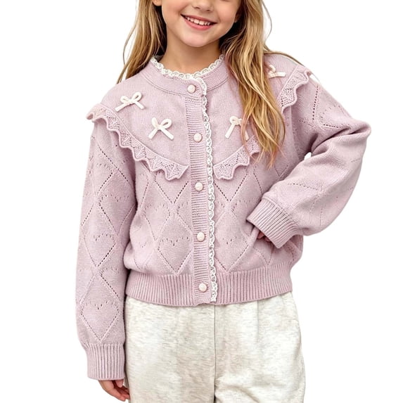 BLVB Girls Cardigan Long Sleeve Button Front Lace Sweater Kids Fall Knit Sweaters Outwear 1-9 Years(Hot Pink,8-9 Years)