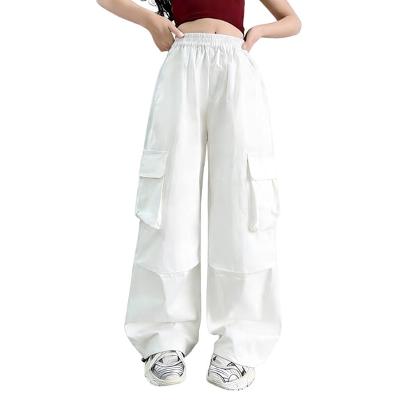 BLVB Girls Cargo Pants Elastic Waist Wide Leg Streetwear Kids Pants with Pockets Trendy Jogger Trousers 5-15 Years