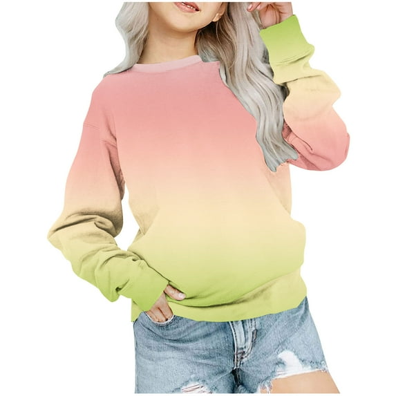 BLVB Girls Casual Lightweight Sweatshirt Gradient Printed Long Sleeve Crewneck Tops Pullover Kids Clothes