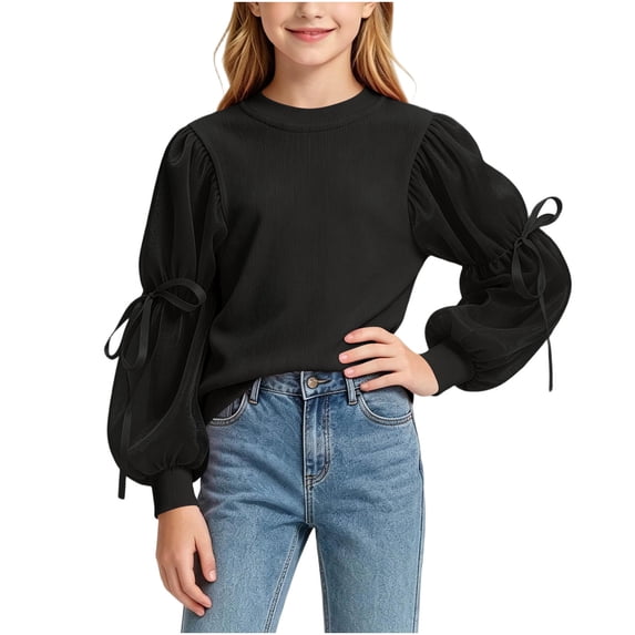 BLVB Girls Casual Puff Long Sleeve Shirts Round Neck Rib Knit Blouse Cute Tunic Tops Toddler Kids Fall Fashion Outfits(Black,2-3 Years)