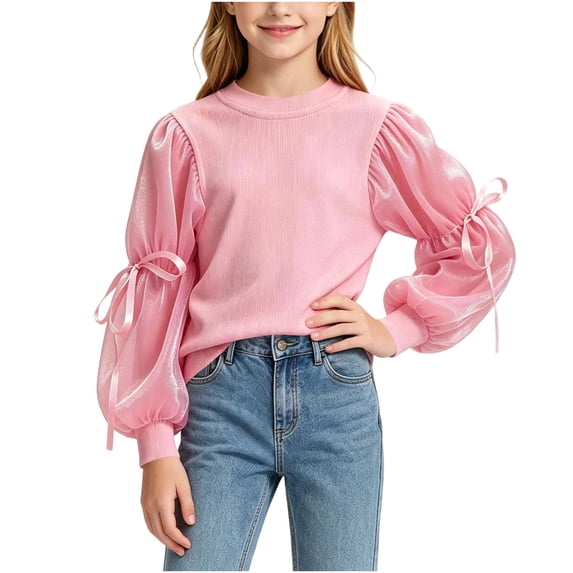 BLVB Girls Casual Puff Long Sleeve Shirts Round Neck Rib Knit Blouse Cute Tunic Tops Toddler Kids Fall Fashion Outfits(Pink,2-3 Years)