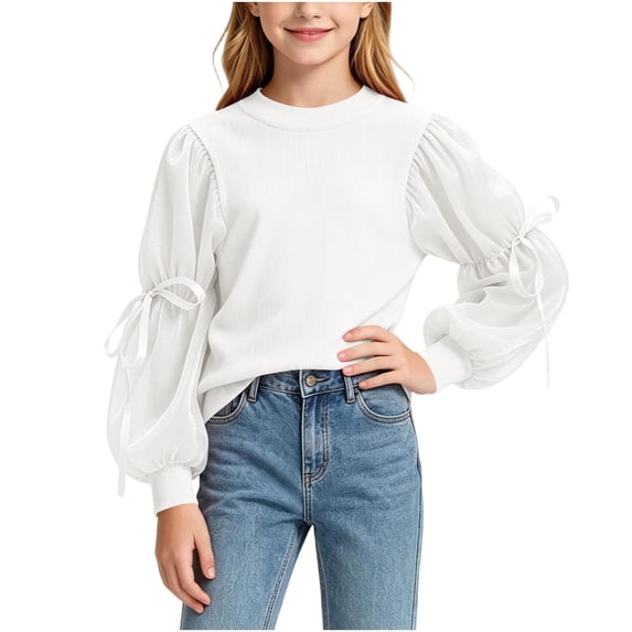 BLVB Girls Casual Puff Long Sleeve Shirts Round Neck Rib Knit Blouse Cute Tunic Tops Toddler Kids Fall Fashion Outfits(White,2-3 Years)