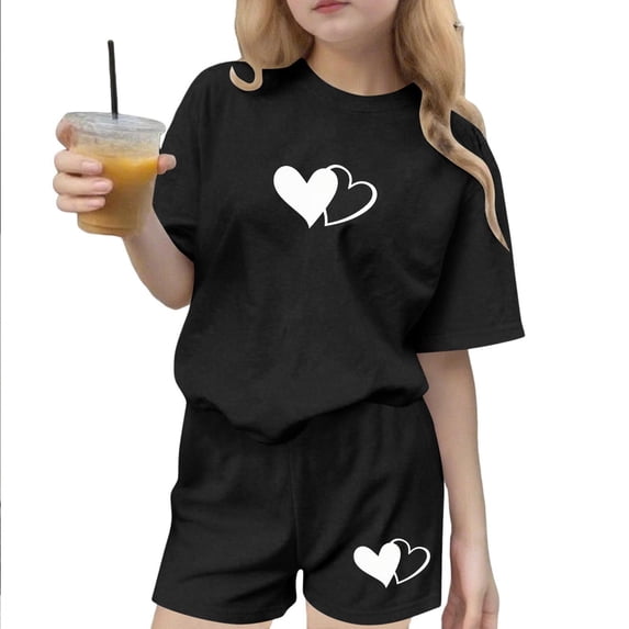 BLVB Girls Clothes Summer 2 Piece Outfits Heart Printed Short Sleeve T-Shirts and Shorts Kids Clothing Sets 3-15Y(Black,14-15Years)