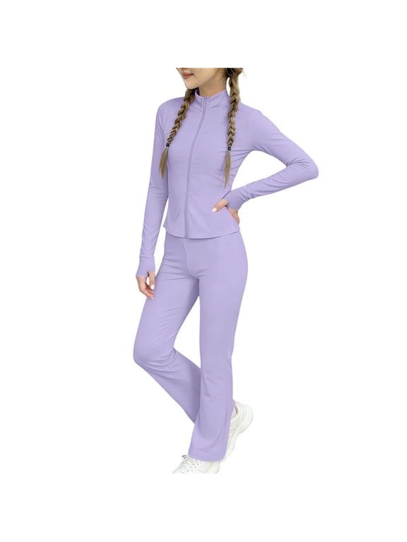 Girls Clothing Sets Stand Collar Zipper Elastic Slim Coat and High Waist Flare Pants Kids Athletic Yoga Dance Gym Set(Purple,7-8Years)