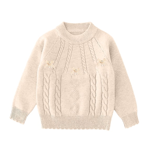 BLVB Girls Cute Bow Sweater Cable Knit Pullover Mock Neck Long Sleeve Jumper Tops Fall Winter Clothes(Beige,4-5 Years)