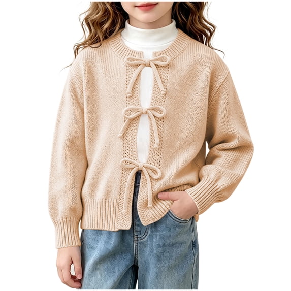 BLVB Girls Cute Cardigan Long Sleeve Open Front Bow Knot Sweaters Teen Girls Fall Fashion Outerwear(Beige,6-8Years)