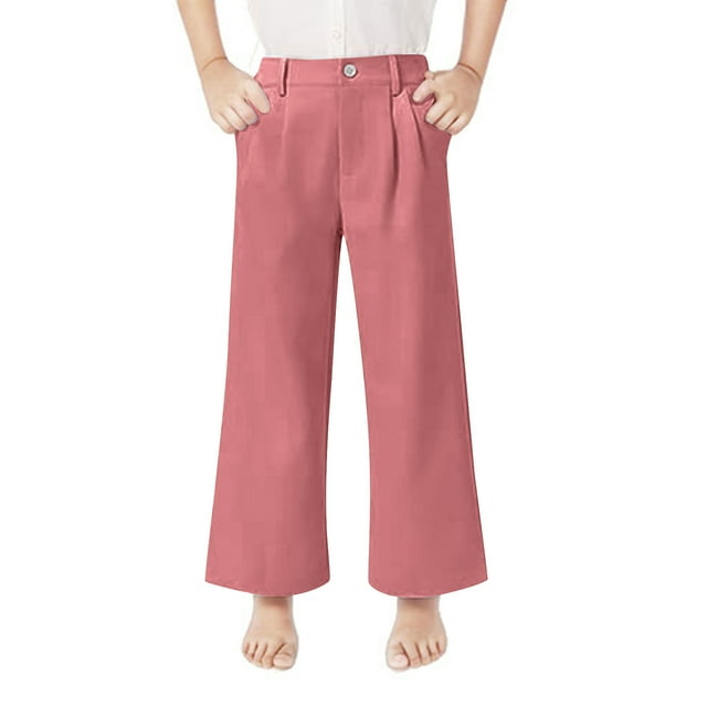 BLVB Girls Dress Pants Wide Leg High Waist Long Casual Trousers Kids Summer Solid Color Pants with Pockets 5-14 Years
