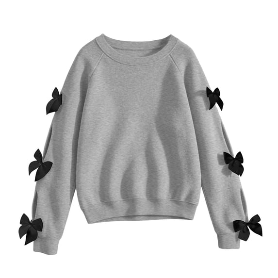 BLVB Girls Fall Clothes Crewneck Sweatshirt Long Sleeve Cute Bow Pullover Loose Raglan Tops Outfits(Gray,12-13 Years)