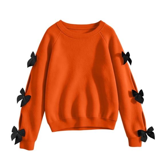 BLVB Girls Fall Clothes Crewneck Sweatshirt Long Sleeve Cute Bow Pullover Loose Raglan Tops Outfits(Orange,11-12 Years)
