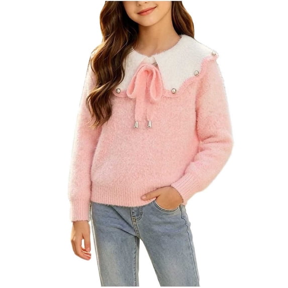 BLVB Girls Fall Winter Clothes Long Sleeve Collared Sweaters Cute Knit Tops Comfy Warm Pullover(Pink,3-4 Years)