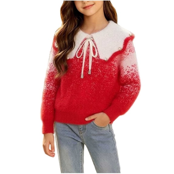 BLVB Girls Fall Winter Clothes Long Sleeve Collared Sweaters Cute Knit Tops Comfy Warm Pullover(Red,3-4 Years)
