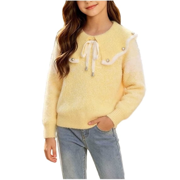 BLVB Girls Fall Winter Clothes Long Sleeve Collared Sweaters Cute Knit Tops Comfy Warm Pullover(Yellow,11-12 Years)