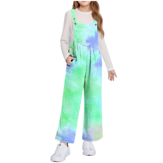 BLVB Girls Fleece Overalls Kids Fuzzy Sherpa Jumpsuit Warm Loose Romper with Pockets Winter Clothes 5-14Y(Mint Green-02,5-6 Years)